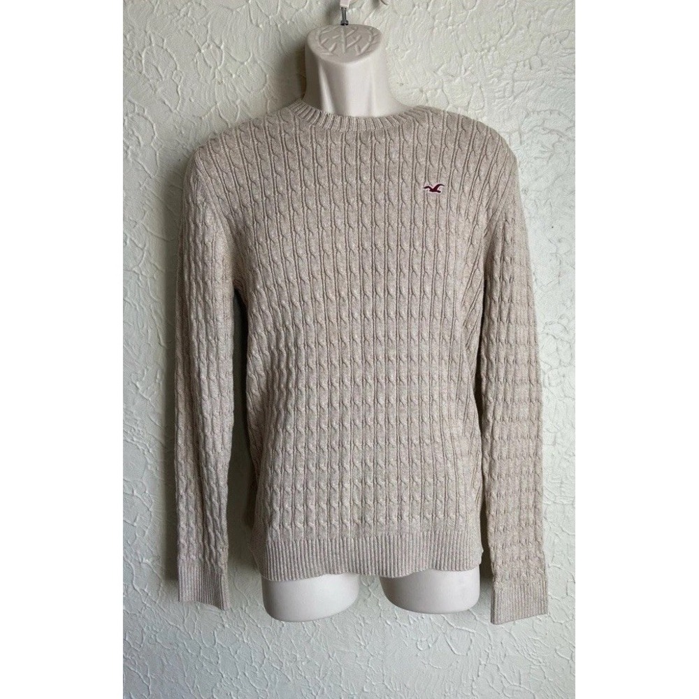 Vintage Hollister Sweater Mens Medium Beige Cable Knit Slim Fit Crewneck 2000s
